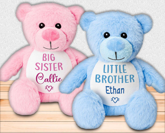 Personalised Teddy Bears Gift Set for New Baby and Sibling - Big Sister and Little Brother Matching Soft Toys with Name