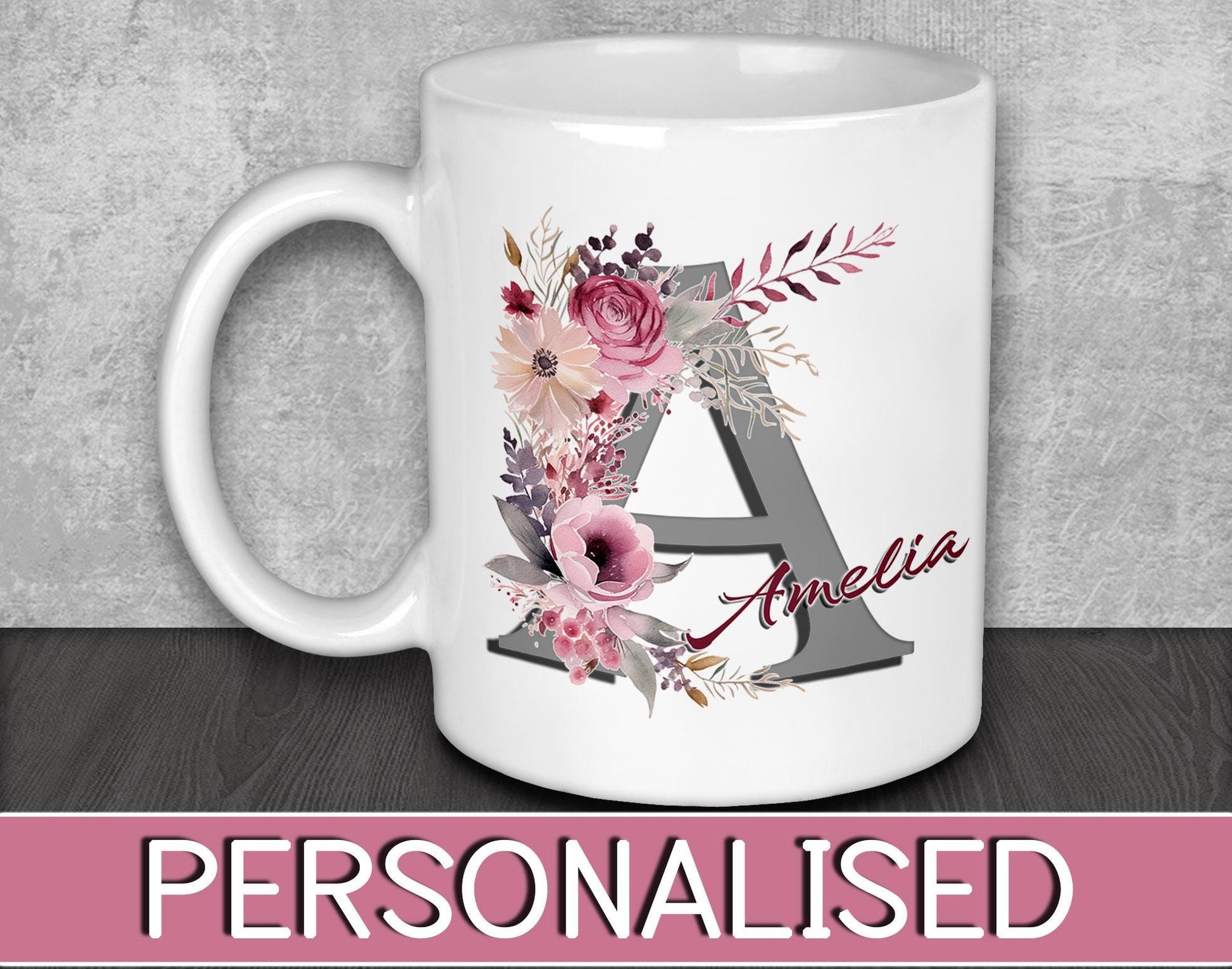 Initial Name Mug with Pink Flowers - Personalised Coffee Mug