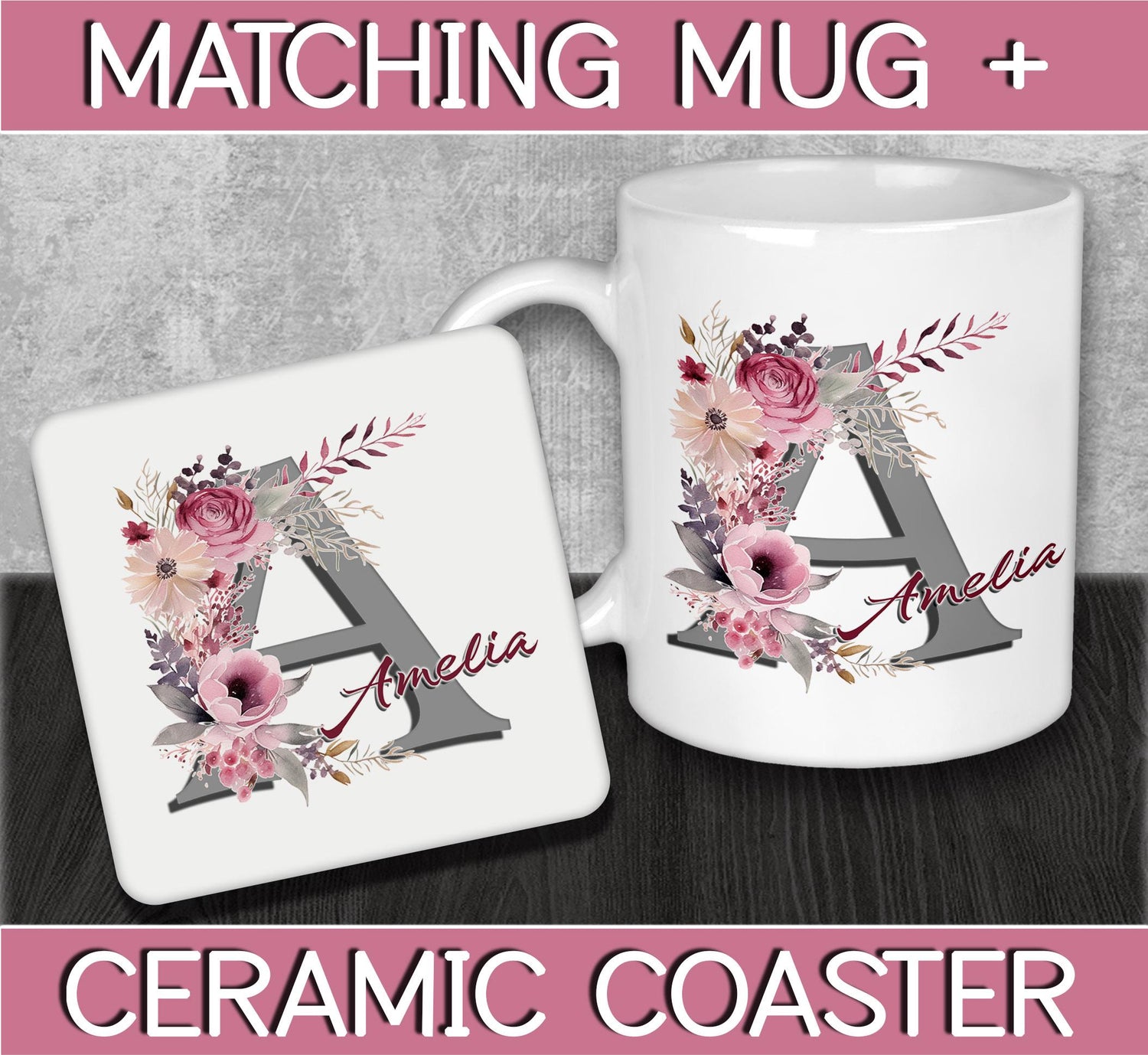 Initial Name Mug and Coaster with Pink Flowers - Personalised Coffee Mug