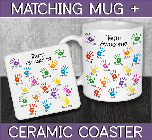 Personalised Work Teams Handprints Mug and Coaster - Promotion or Retirement Gift for Colleague, Employee or Boss - Co-worker Birthday Gift