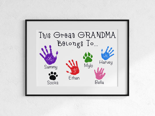 Personalised Handprints This Great Grandma Belongs To... Print - Birthday Present - Mother&#39;s Day Gift - Family Portrait Gift - Customise