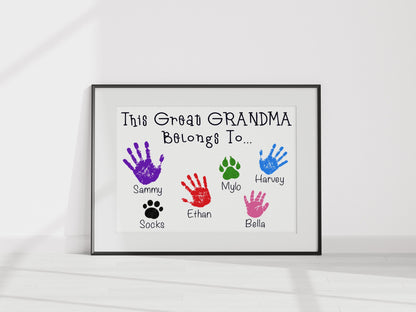 Personalised Handprints This Great Grandma Belongs To... Print - Birthday Present - Mother&#39;s Day Gift - Family Portrait Gift - Customise
