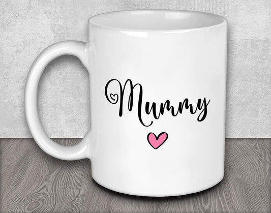 a white coffee mug with a pink heart on it