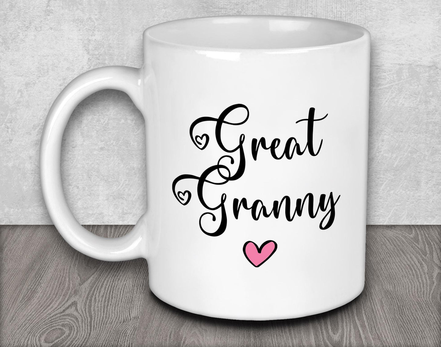 a white coffee mug with the words great granny on it