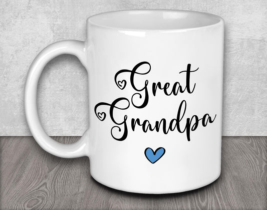 a white coffee mug with the words great grandpa on it