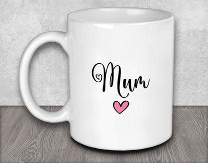 a white coffee mug with the word mum on it