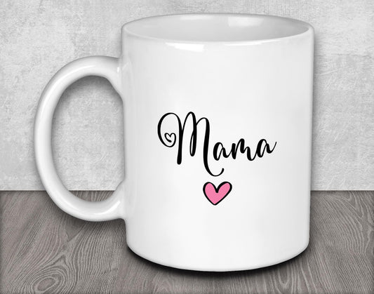 a white coffee mug with the word mama on it
