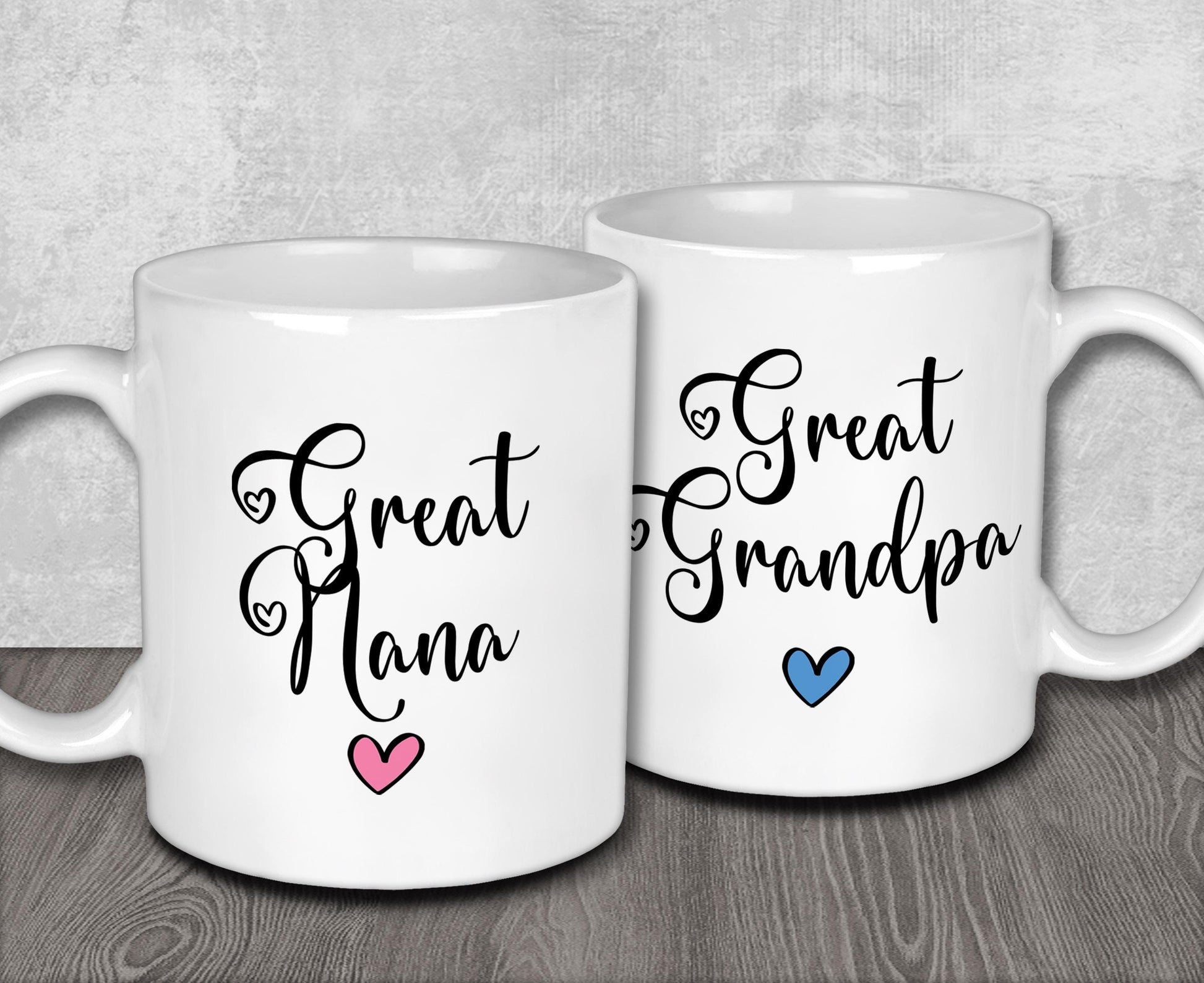 two white coffee mugs with the words great grandpa and great grandma on them