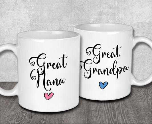 two white coffee mugs with the words great grandpa and great grandma on them