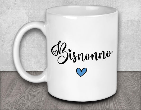 a white coffee mug with a blue heart on it