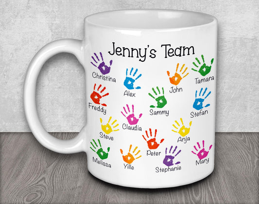 a coffee mug with a family name and hand prints