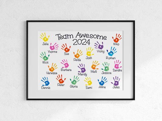 a picture of a family's handprint with the names of their children