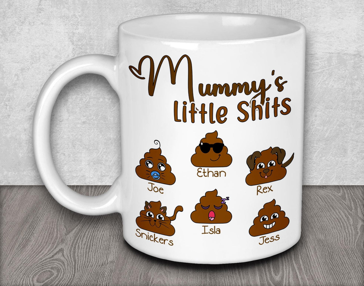 a coffee mug with a bunch of little shits on it