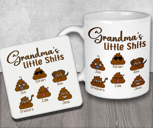 a white coffee mug with grandma&#39;s little shits on it