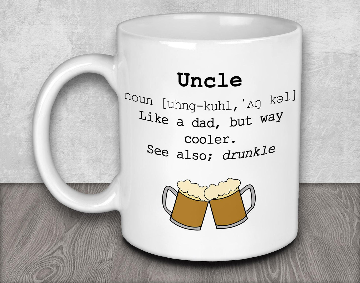 a white coffee mug with two mugs of beer on it