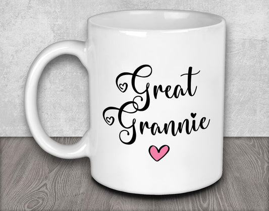 a white coffee mug with the words great gimmie on it