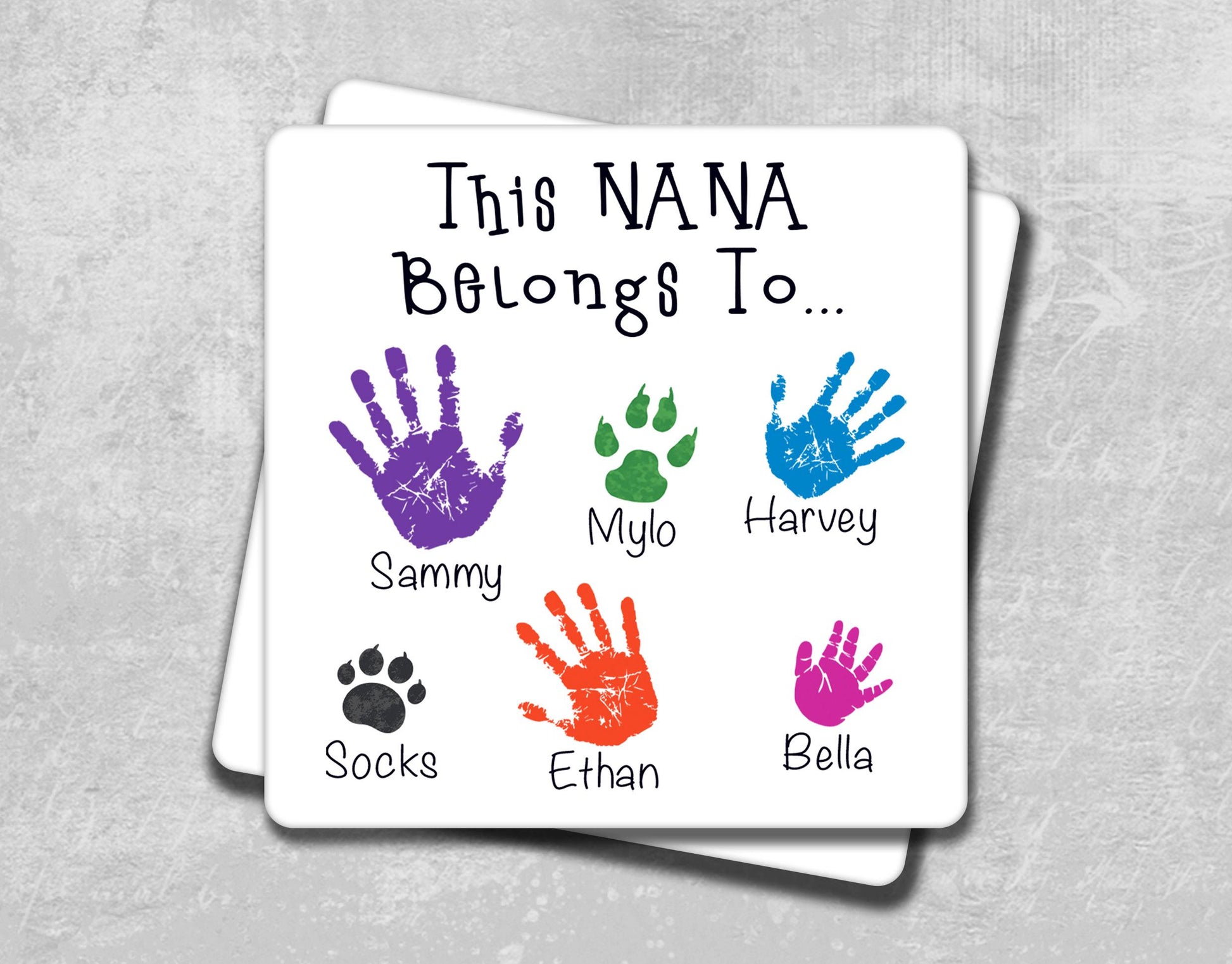 a coaster with hand prints on it that says, this nana belongs to