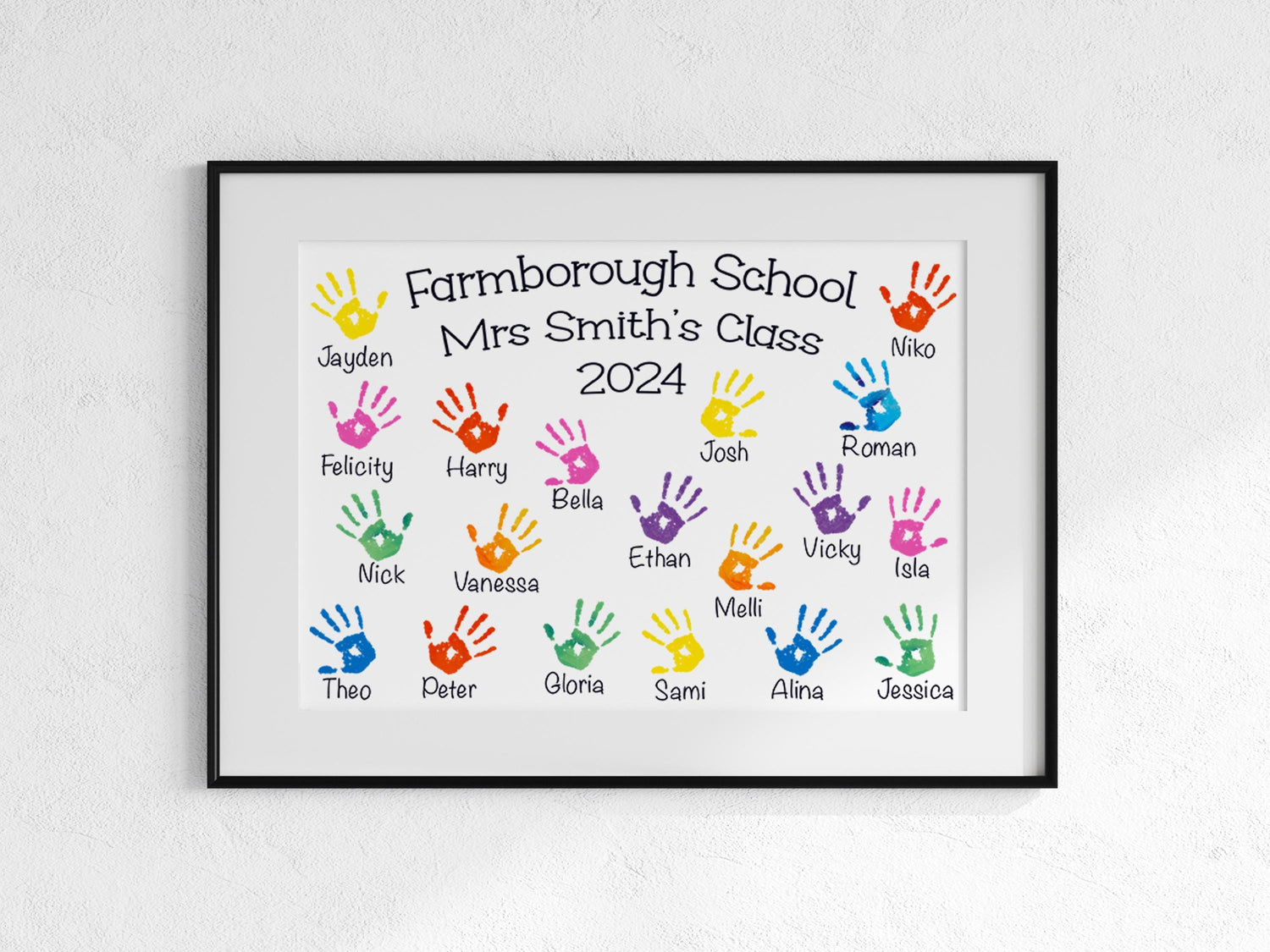 a framed picture of a family&#39;s handprint