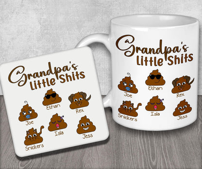 a white coffee mug with grandpa&#39;s little shits on it