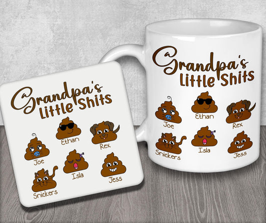 a white coffee mug with grandpa&#39;s little shits on it