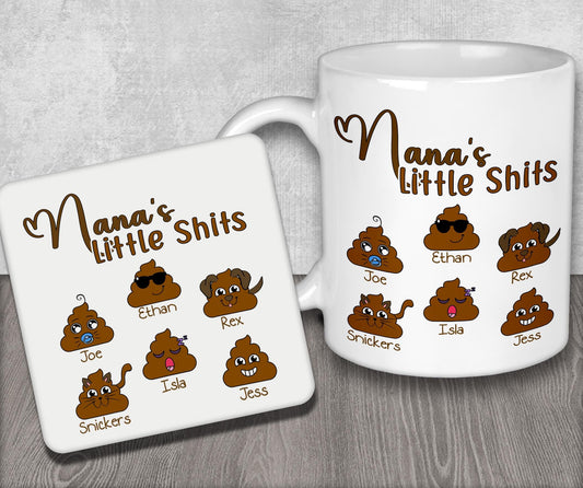 a coffee mug with a picture of a bunch of little shits on it