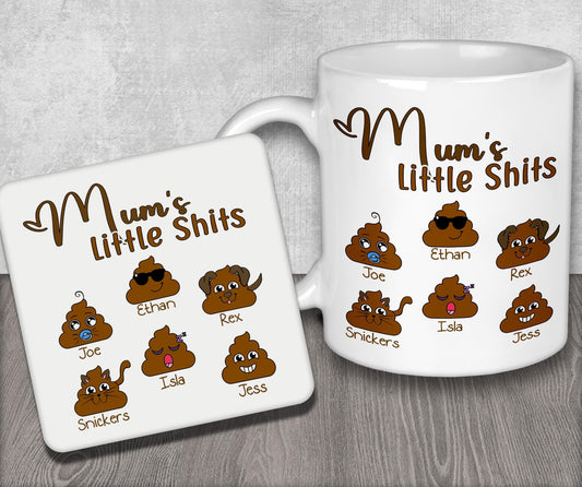 a coffee mug with a picture of a bunch of little shits on it
