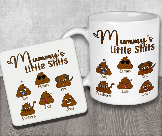 a coffee mug with a picture of a bunch of little shits on it