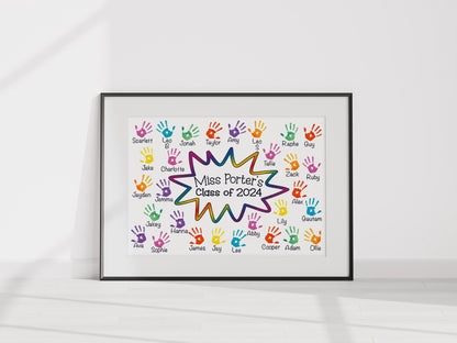 Teacher Print Personalised with Handprints & Names – Unframed Gift for School, College or Uni – Retirement or Leaving Present from Students