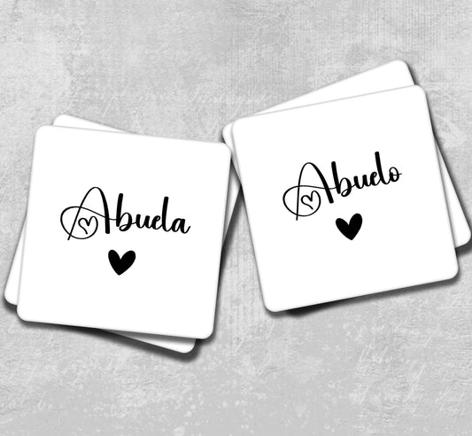 two coasters with the words abuda and abuda written on them
