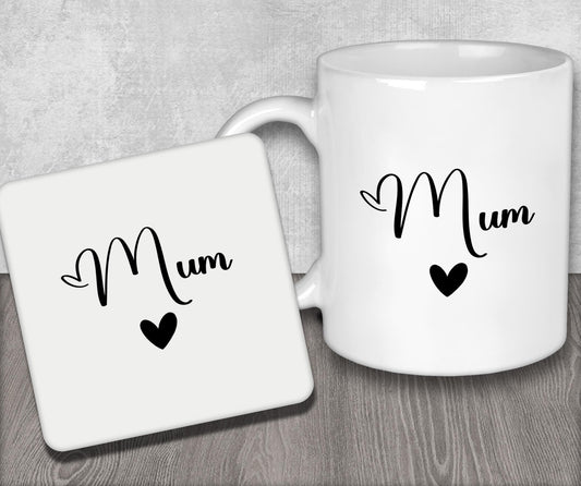 a white coffee mug with the word mum on it