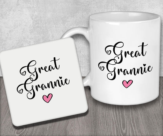 two coffee mugs with the words great grandmaie and great grandmaie on them