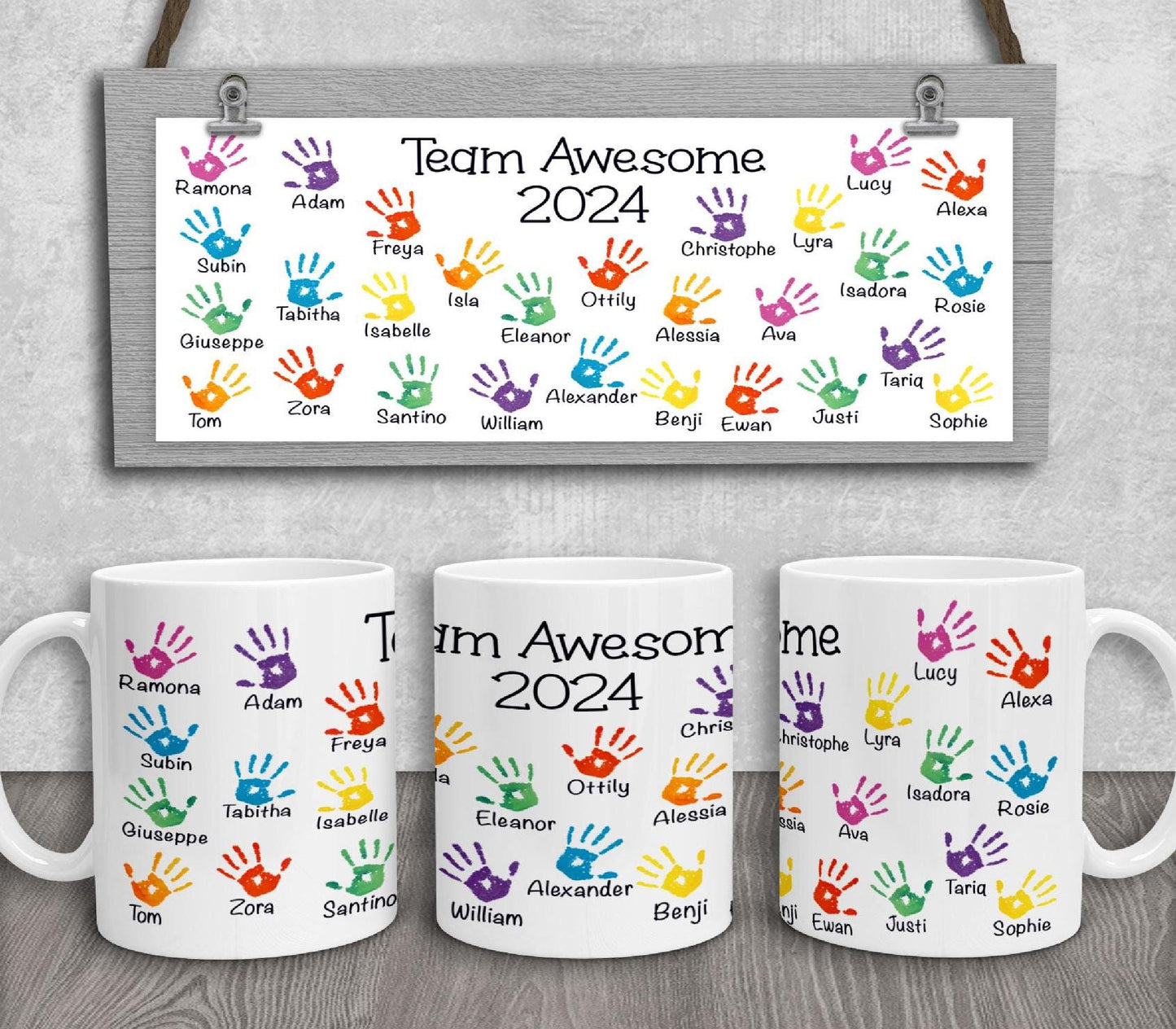 Personalised Work Teams Multi-Colour Handprints Mug - Promotion or Retirement Gift for Colleague, Employee or Boss - Co-worker Birthday Gift