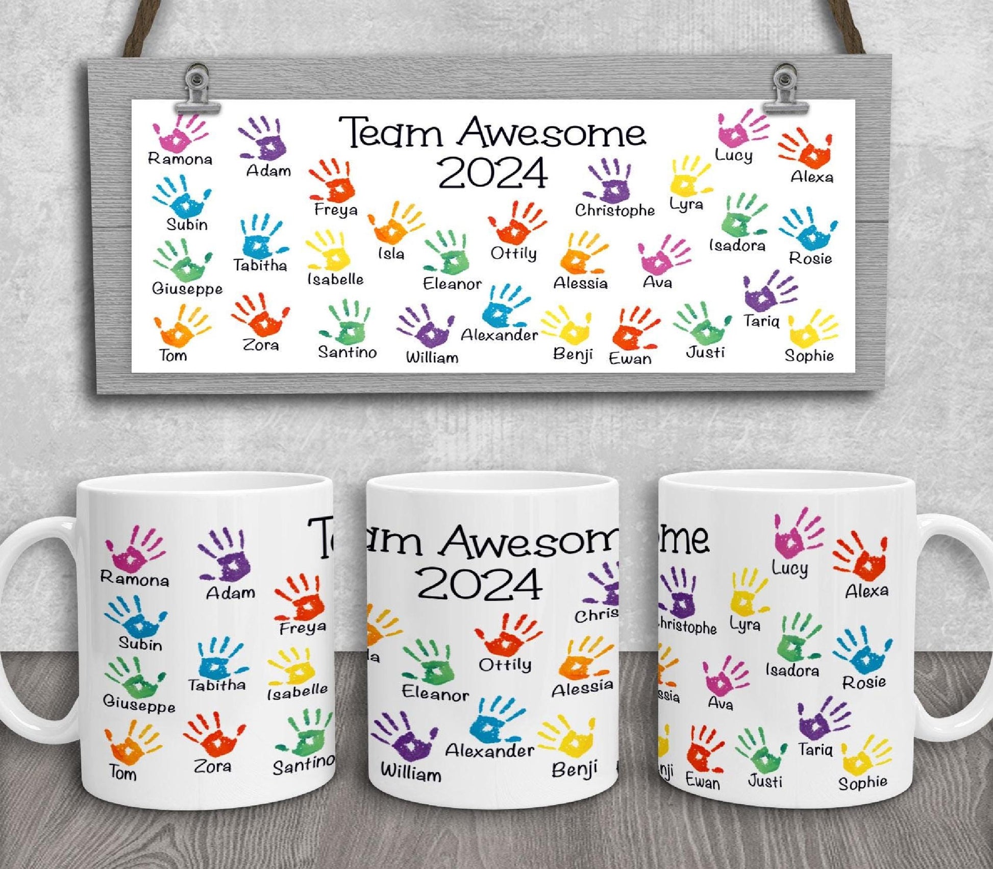 Personalised Work Teams Multi-Colour Handprints Mug - Promotion or Retirement Gift for Colleague, Employee or Boss - Co-worker Birthday Gift