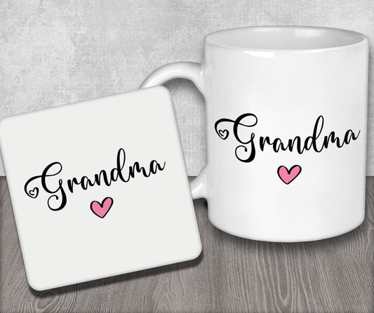 a white coffee mug with the word grandma on it
