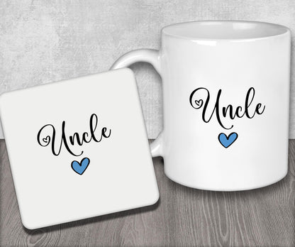 a white coffee mug with a blue heart on it
