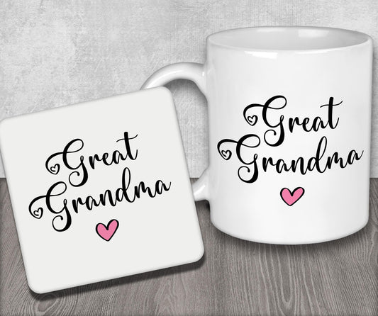 two coffee mugs with the words great grandma and great grandpa on them