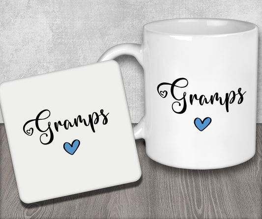 a white coffee mug with the words gramps on it