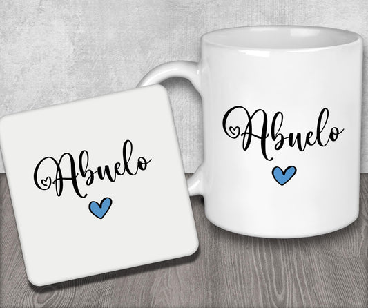 a white coffee mug with a blue heart on it