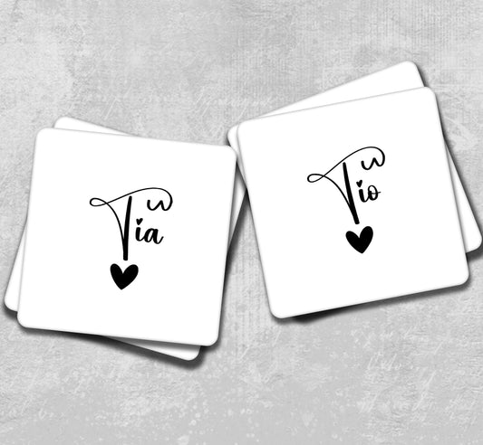 two square coasters with the words tia and tia written on them