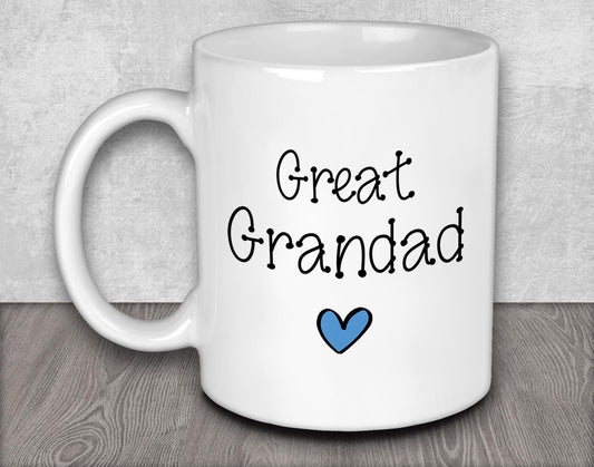 a white coffee mug with the words great grandad printed on it