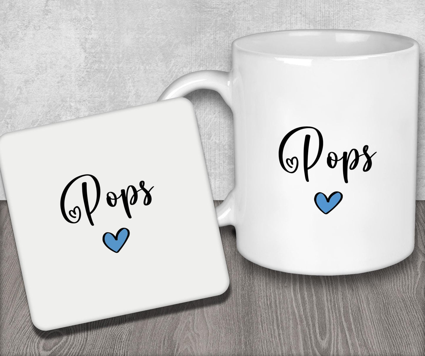 a white coffee mug with a blue heart on it