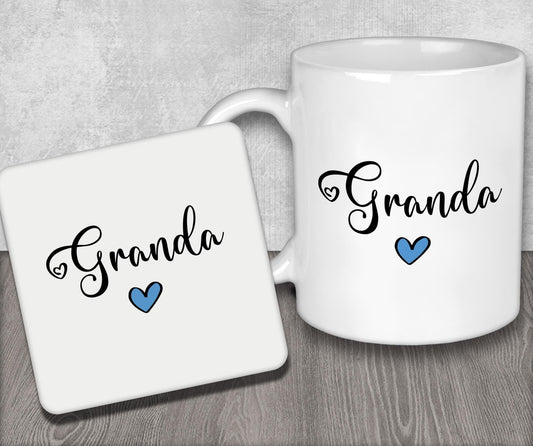 a white coffee mug with a blue heart on it