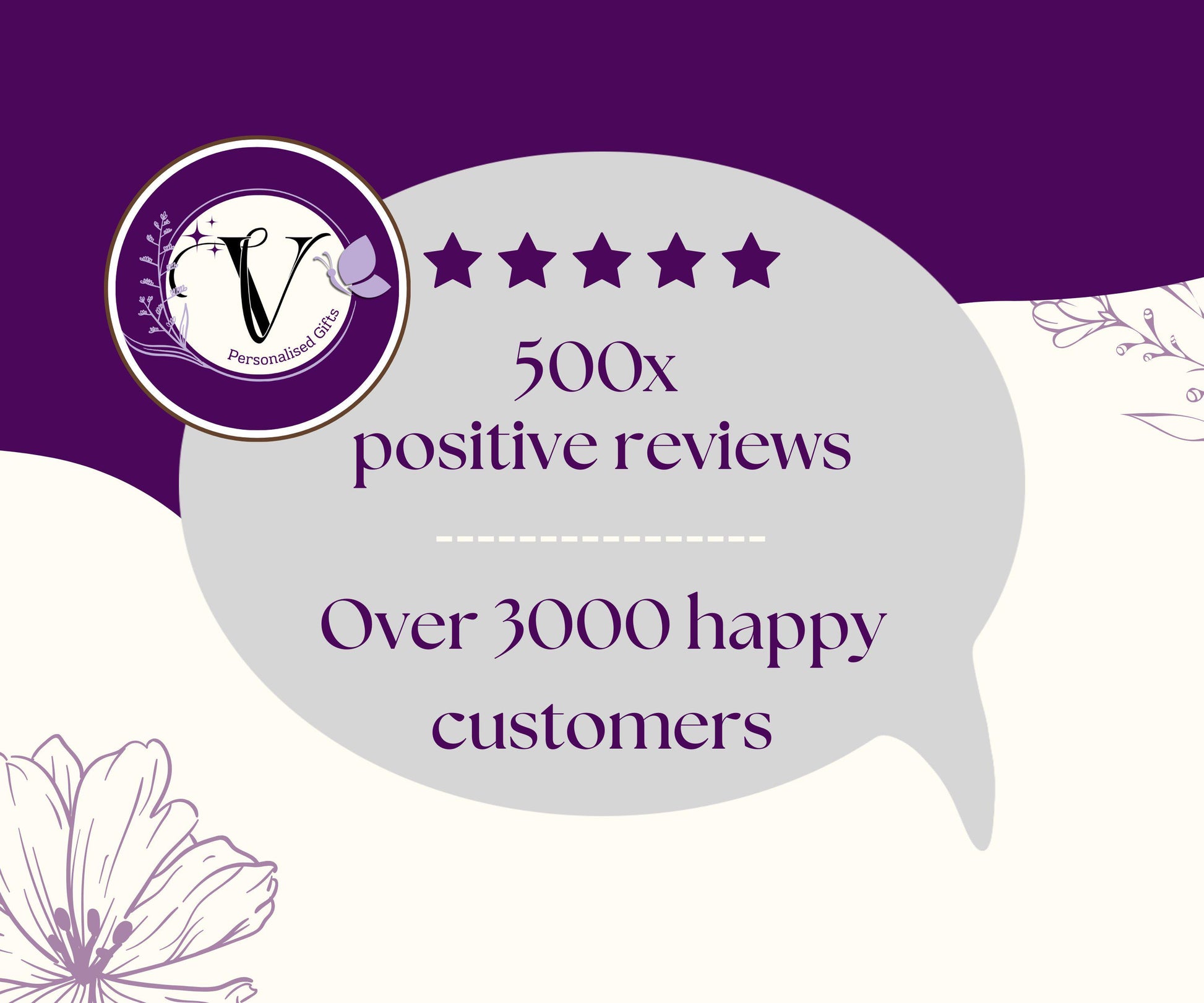 The image is a graphic with a purple background and a speech bubble containing text. The text is a statement about positive reviews and happy customers, and it is written in a clear and concise manner.