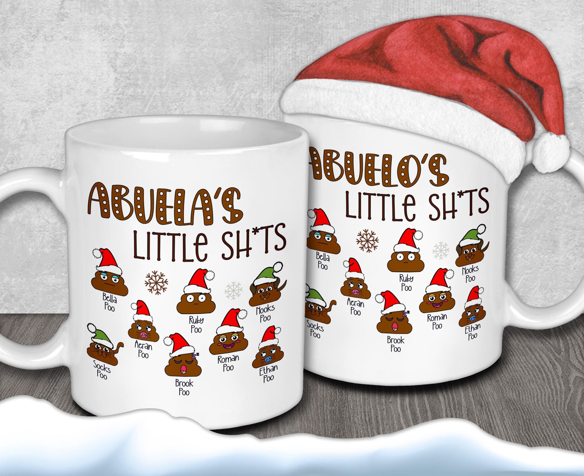 A pair of white mugs with a humorous design featuring a Santa hat and various toilet-themed cartoon characters.