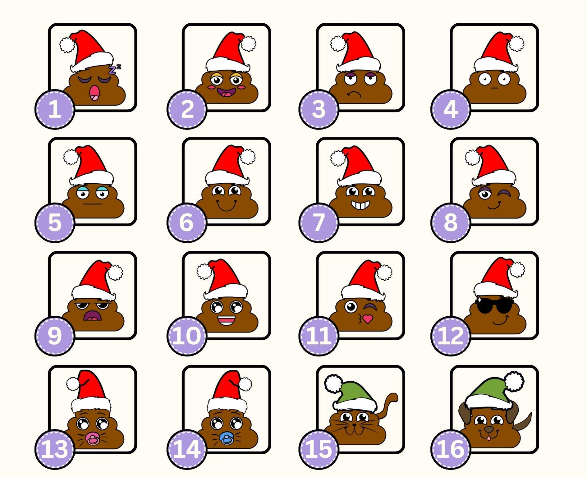 a collection of cartoon images featuring a variety of expressions and poses of a brown, anthropomorphic character wearing a Santa hat.