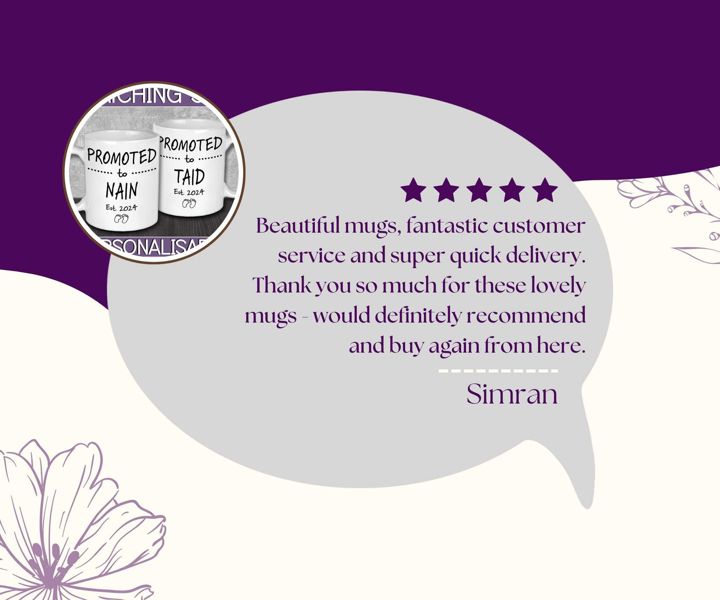 The image is a promotional image featuring a speech bubble containing text, a circular sign with text, and a floral background.