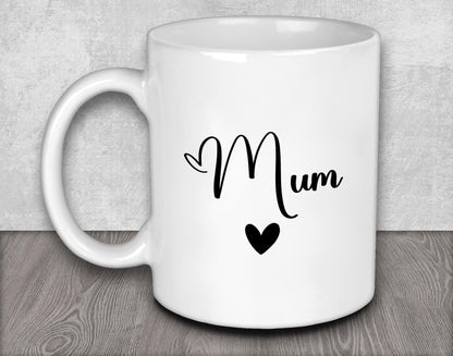 a white coffee mug with the word mum on it