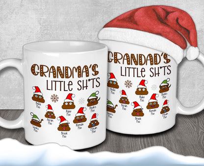 A white mug with a humorous design featuring a Santa hat and a list of names associated with different types of toilet humor.