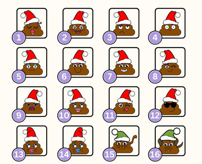 a collection of cartoon images featuring a variety of expressions and poses of a brown, anthropomorphic character wearing a Santa hat.