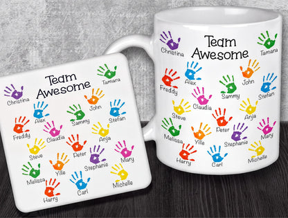 a matching mug and a ceramic coaster with handprints on them.